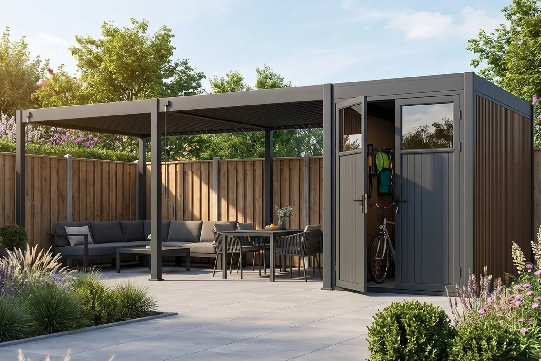 Advance lamellen overkapping 3,6x6 m. incl. berging 3,6x2 m. Aluminium - Antraciet