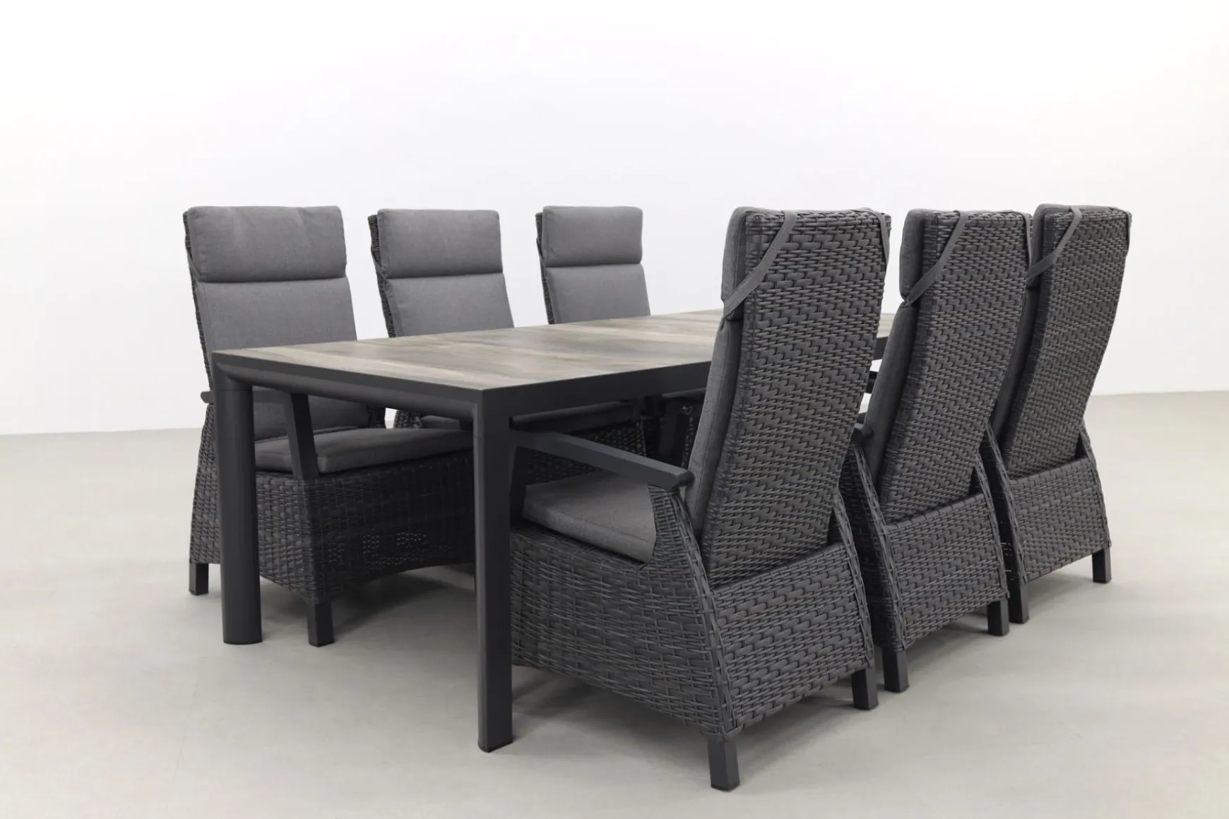 Darwin/Kings 6-persoons wicker verstelbare tuinset 220x100 cm. - Antraciet/Houtlook