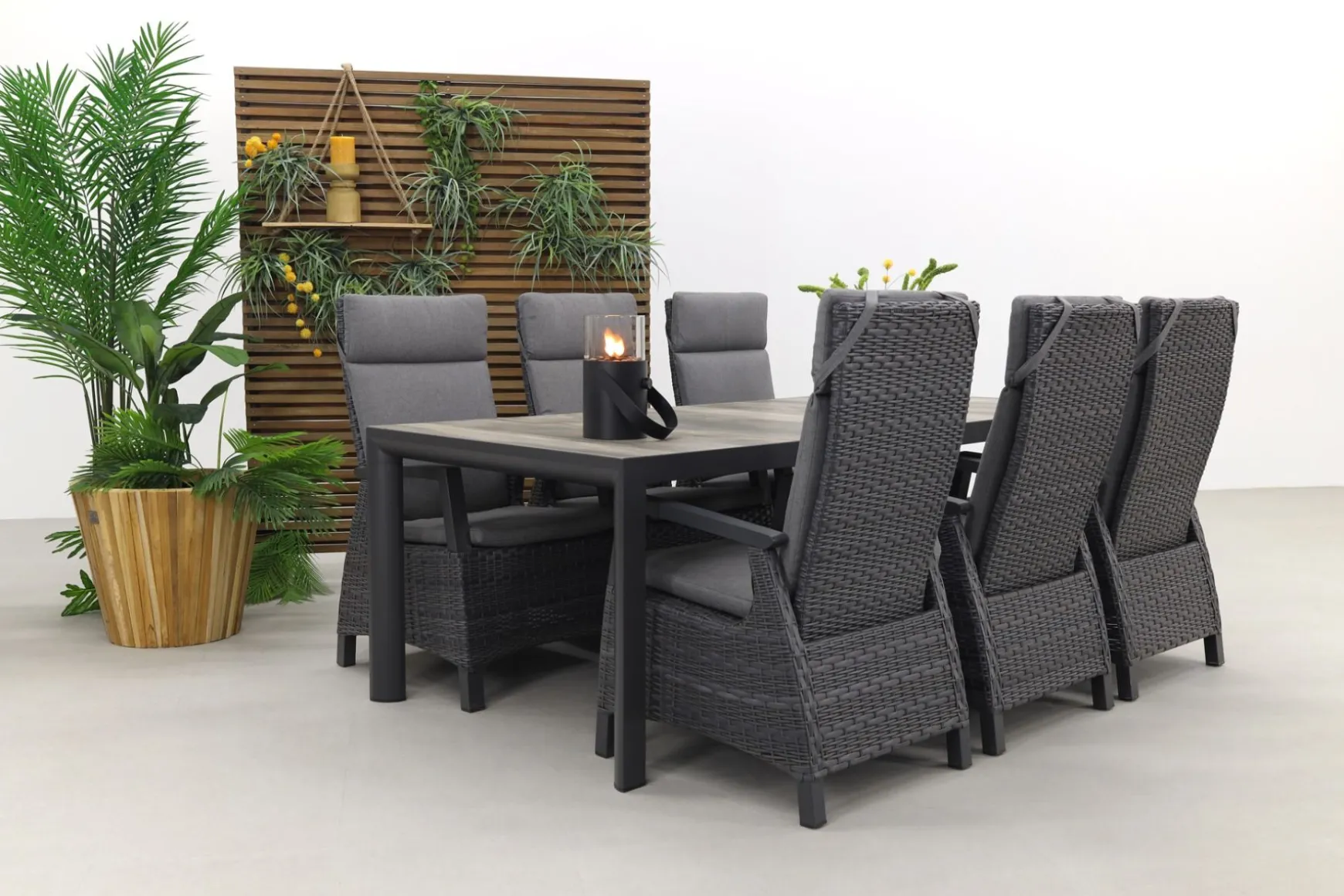 Darwin/Kings 6-persoons wicker verstelbare tuinset 220x100 cm. - Antraciet/Houtlook