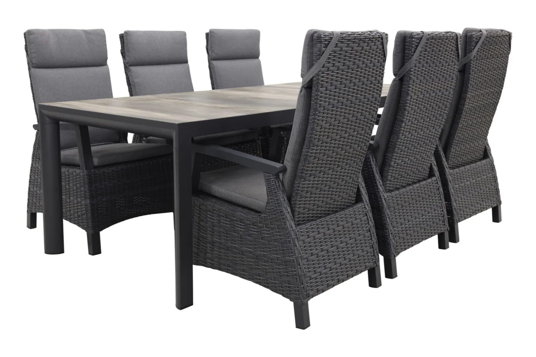 Darwin/Kings 6-persoons wicker verstelbare tuinset 220x100 cm. - Antraciet/Houtlook