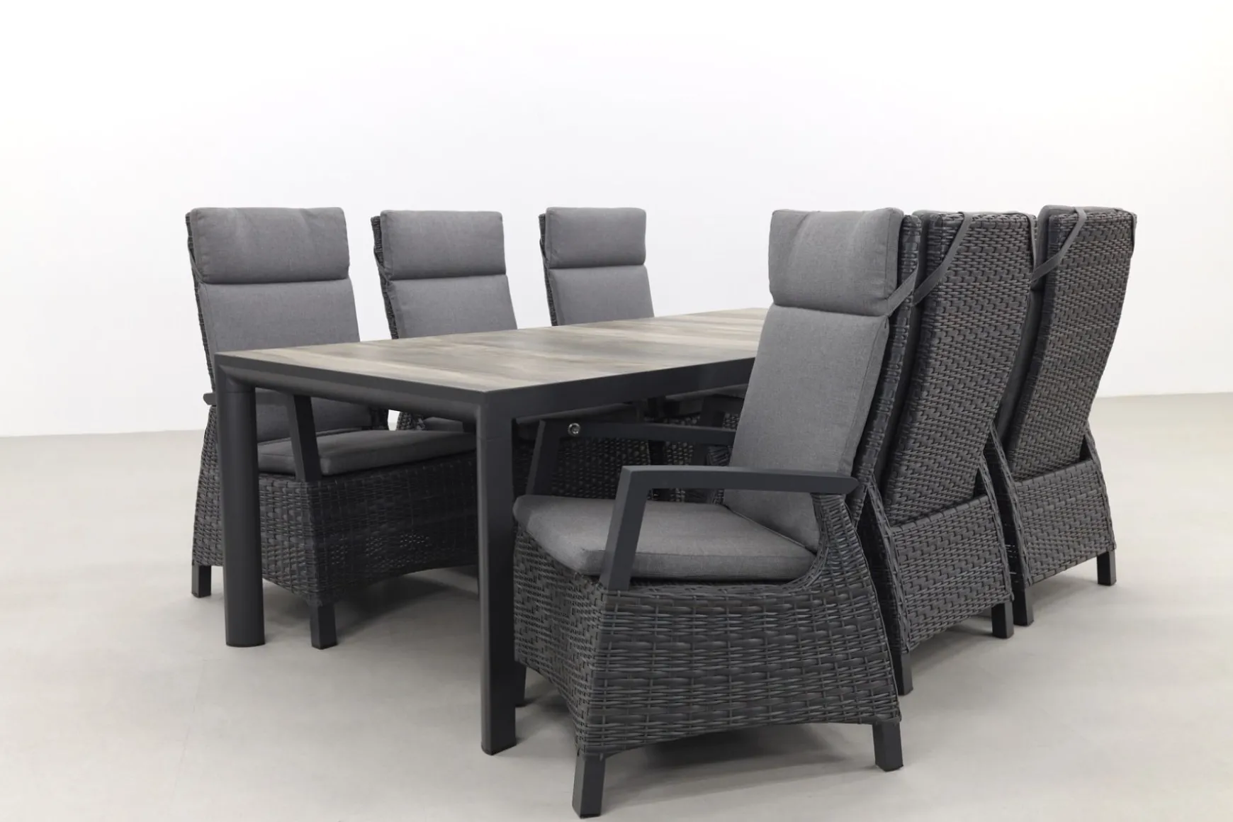 Darwin/Kings 6-persoons wicker verstelbare tuinset 220x100 cm. - Antraciet/Houtlook