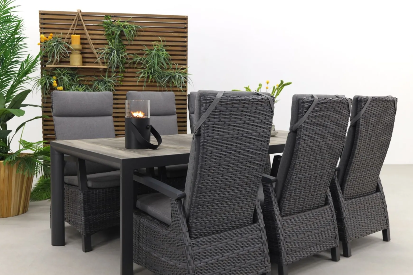 Darwin/Kings 6-persoons wicker verstelbare tuinset 220x100 cm. - Antraciet/Houtlook