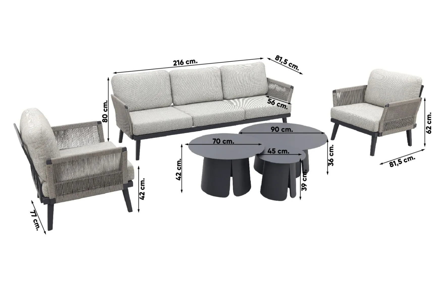 Durban/Velora royal grey stoel-bank loungeset - 6-delig