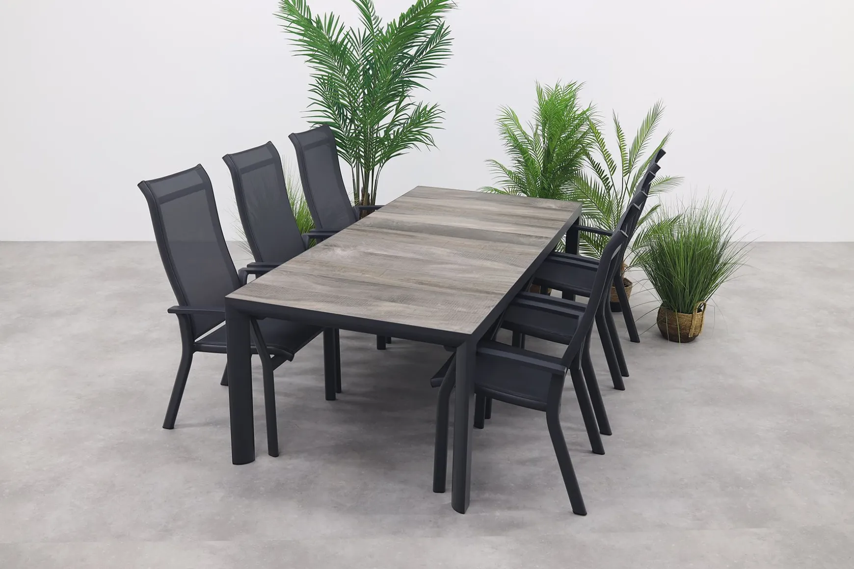 Excellent/Kings 6-persoons stapelbare dining tuinset 220x100 cm. - Antraciet