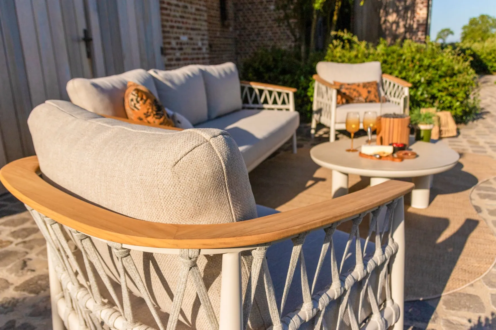 Flora/Liv stoel-bank loungeset - Light rope/Teak