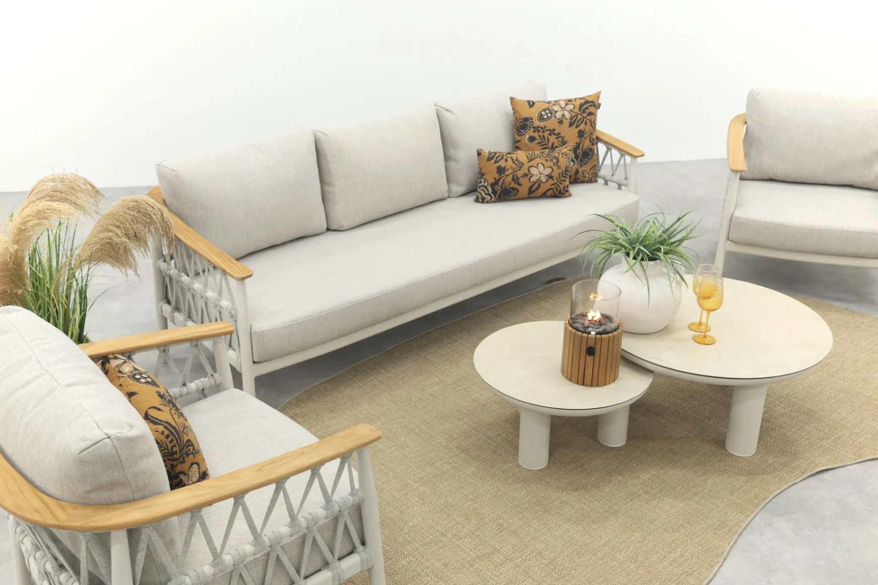 Flora/Liv stoel-bank loungeset - Light rope/Teak