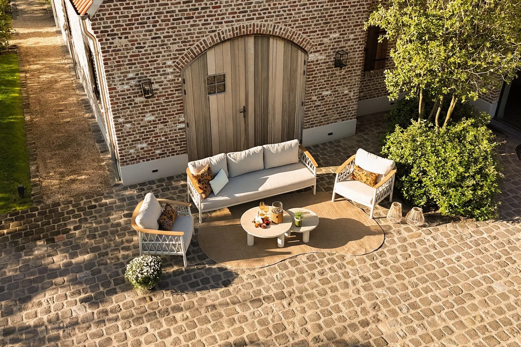 Flora/Liv stoel-bank loungeset - Light rope/Teak