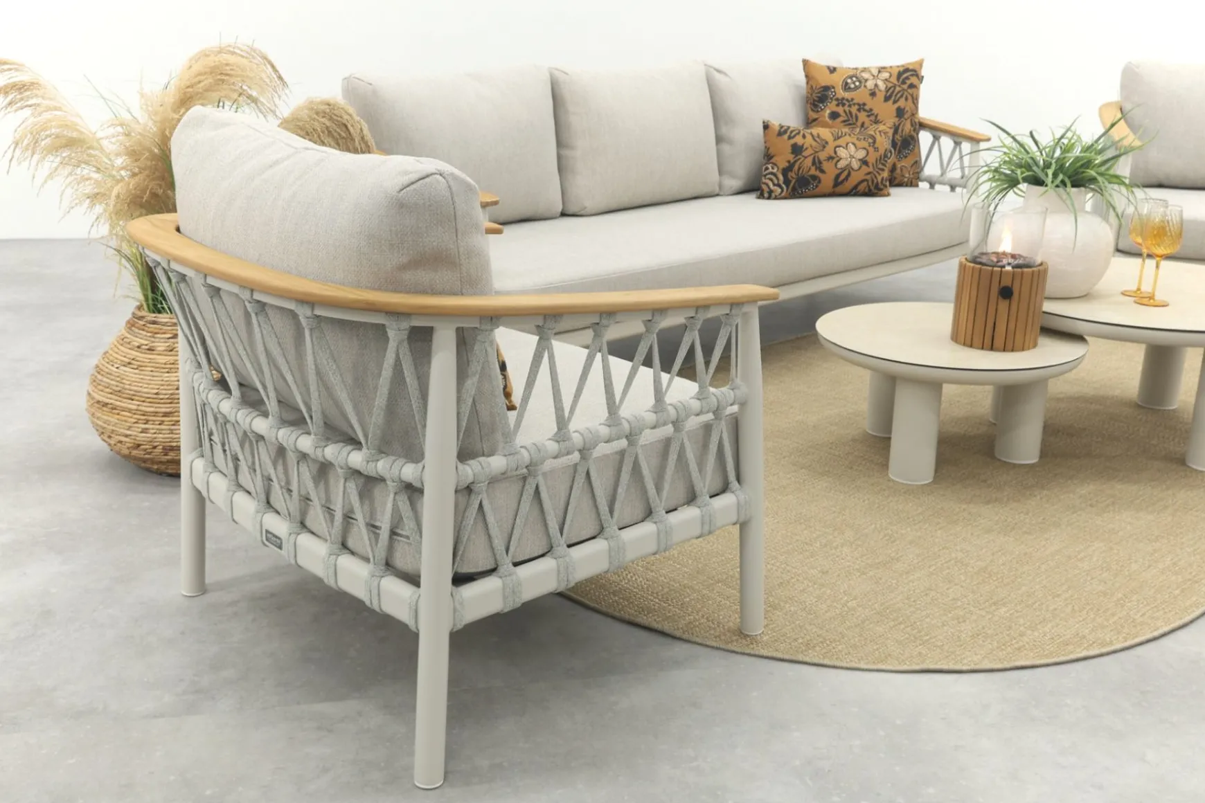 Flora/Liv stoel-bank loungeset - Light rope/Teak