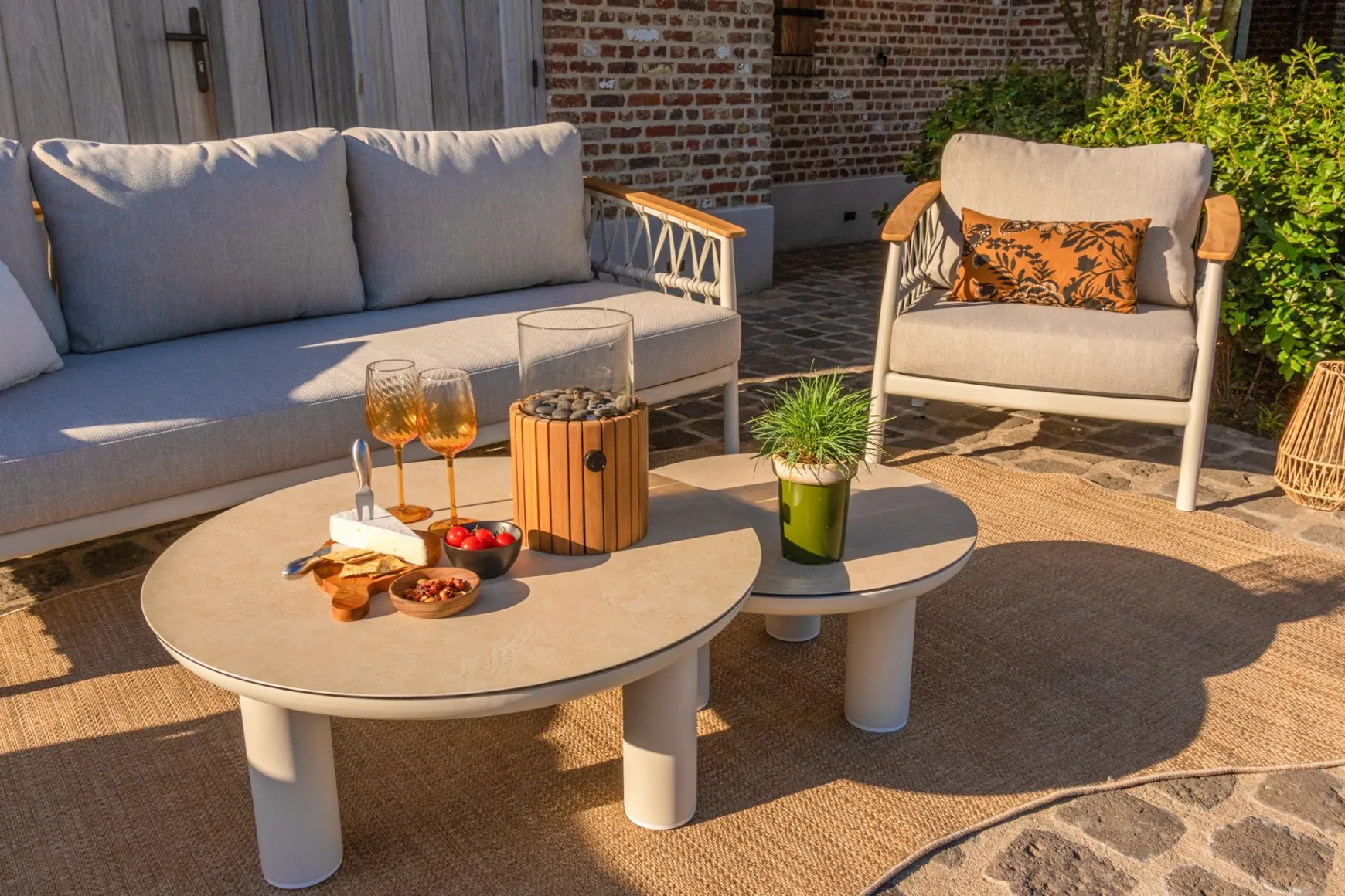 Flora/Liv stoel-bank loungeset - Light rope/Teak