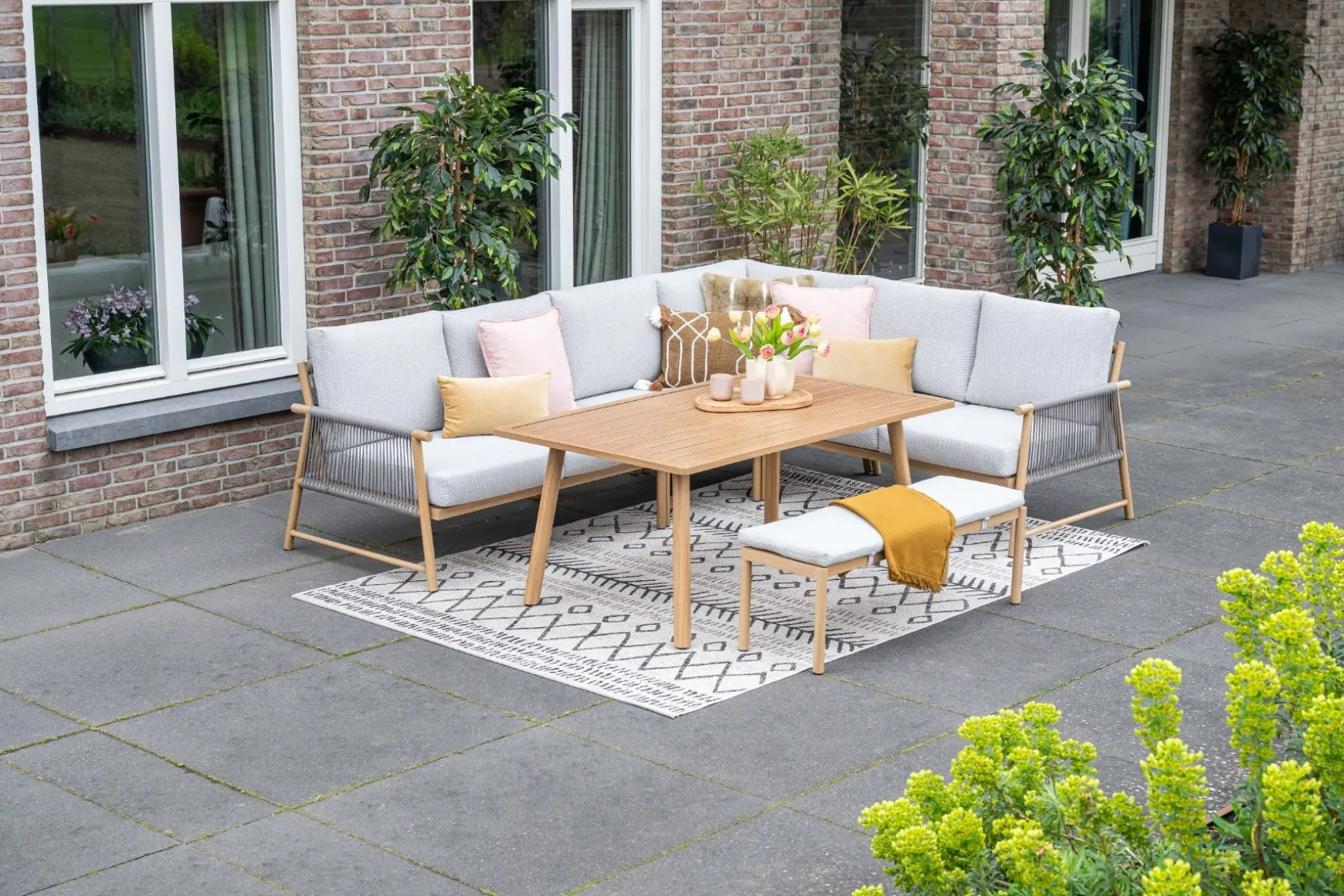GI Bahama lounge-/diningset met sportbankje - Valley Sand/Teak look