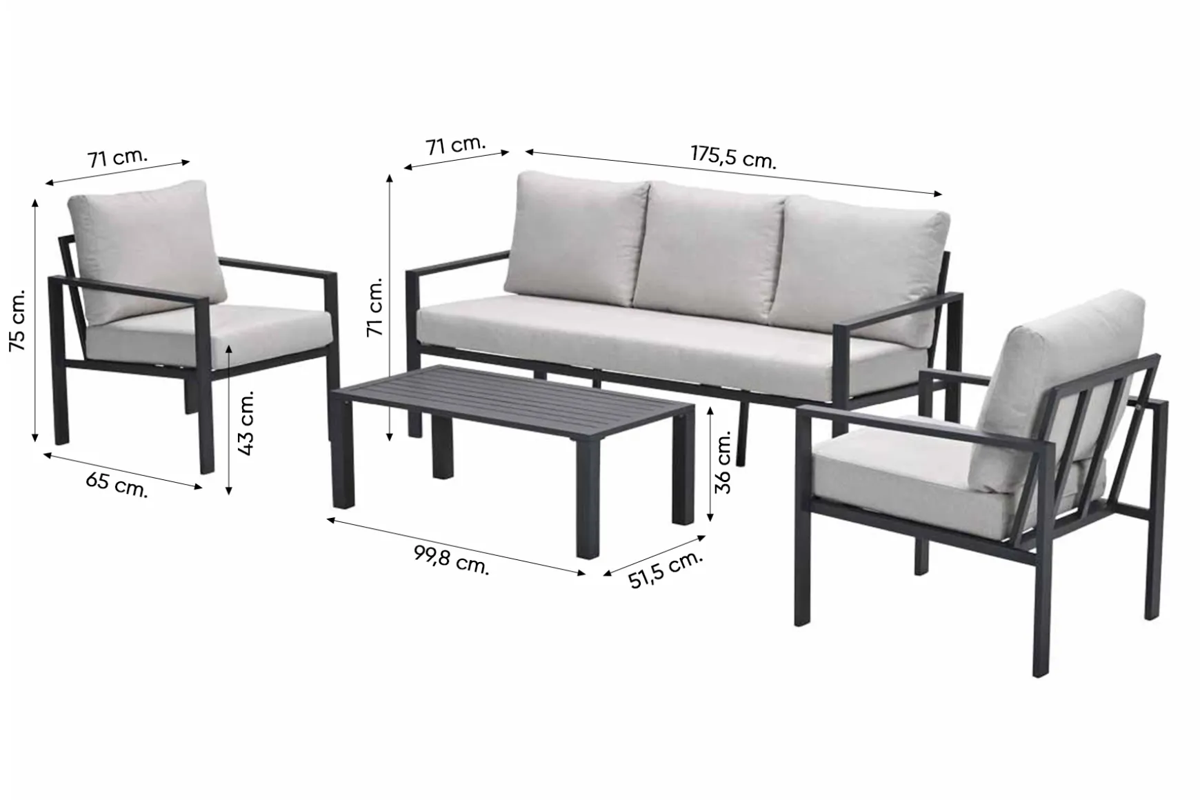 GI Springs aluminium stoel-bank loungeset - Carbon black
