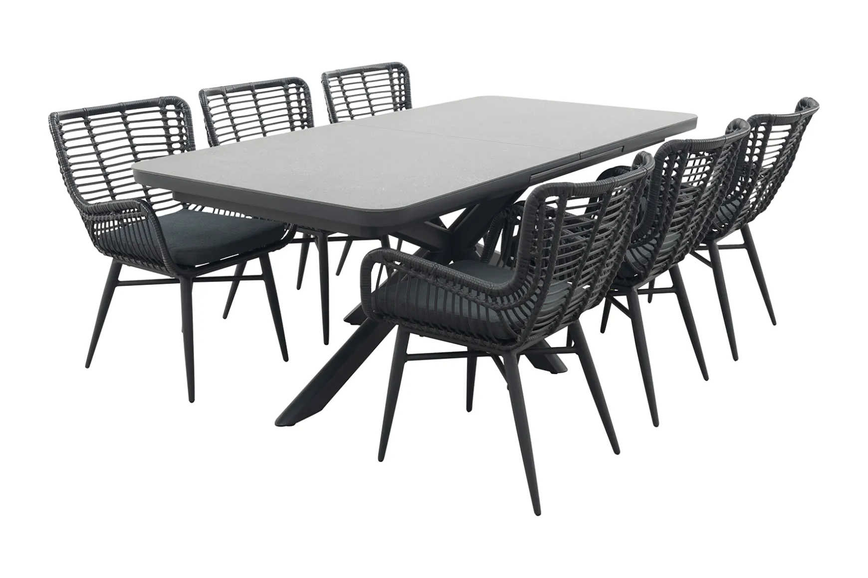 Jasmine Black/Montreal 6-persoons verstelbare tuinset met uitschuifbare tuintafel 200-260x100 cm.