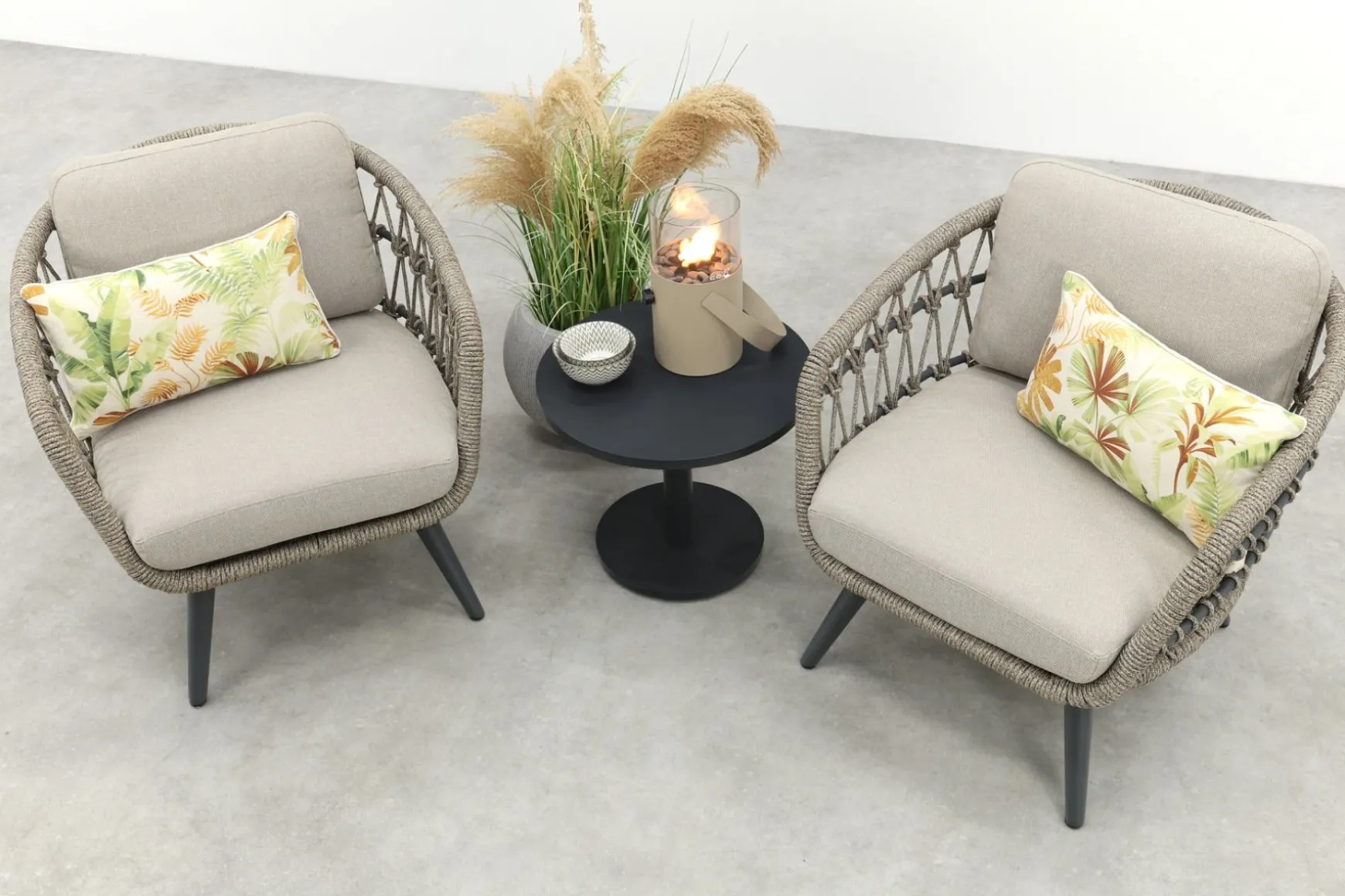 Julia/Canto naturel rope low-dining tuinstoelen set met bijzettafel (3-dlg) - Antraciet