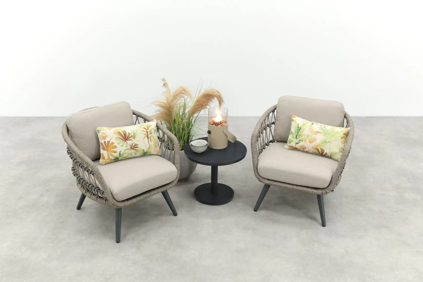 Julia/Canto naturel rope low-dining tuinstoelen set met bijzettafel (3-dlg) - Antraciet