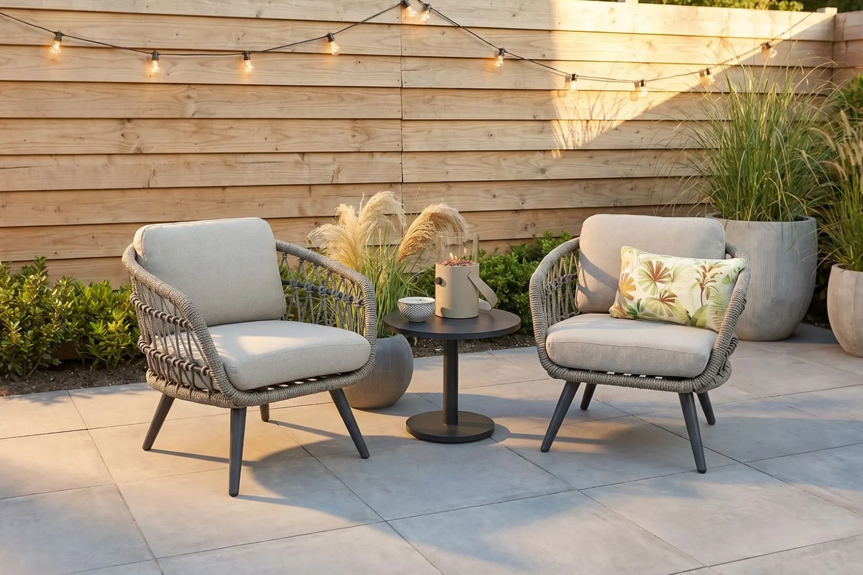 Julia/Canto naturel rope low-dining tuinstoelen set met bijzettafel (3-dlg) - Antraciet