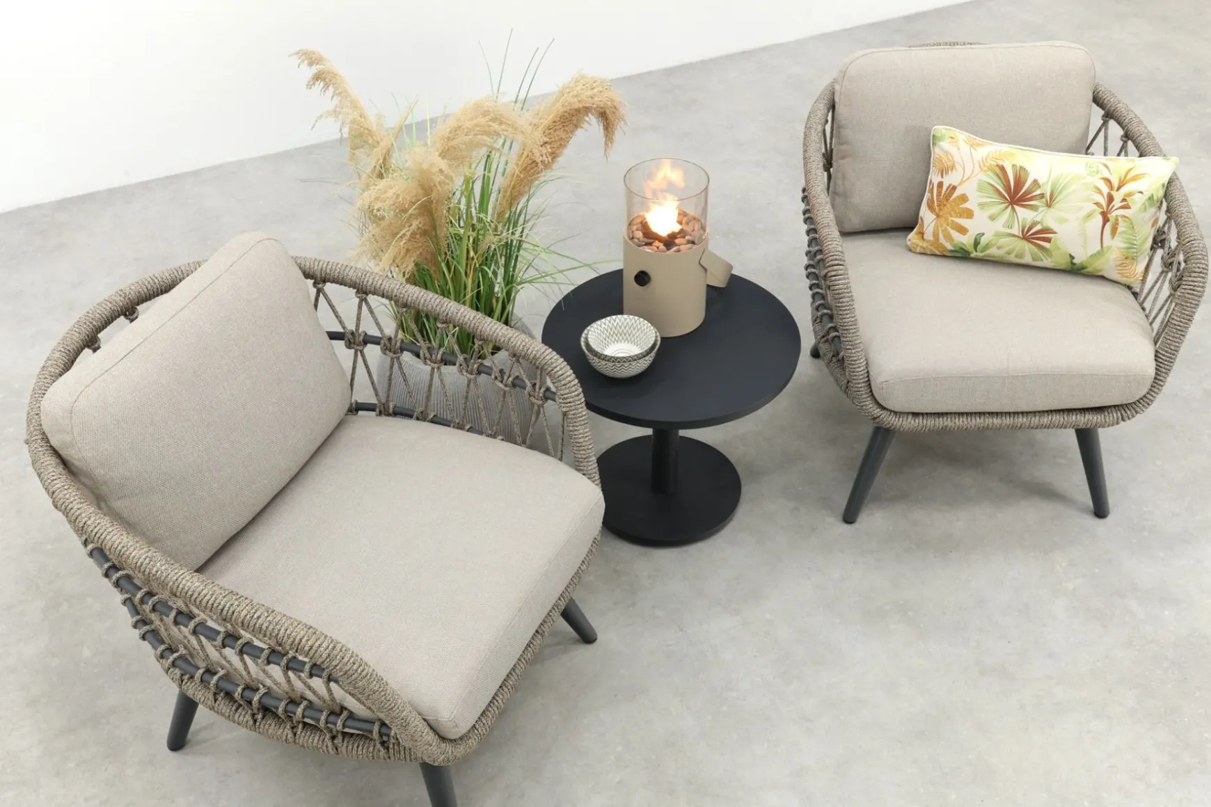 Julia/Canto naturel rope low-dining tuinstoelen set met bijzettafel (3-dlg) - Antraciet