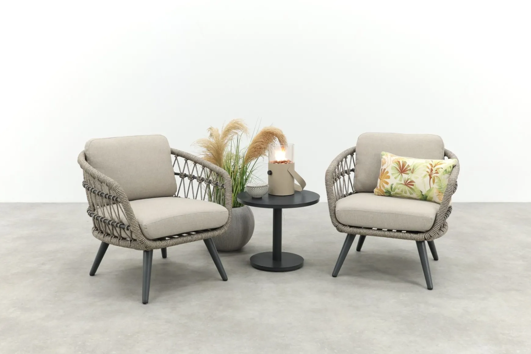 Julia/Canto naturel rope low-dining tuinstoelen set met bijzettafel (3-dlg) - Antraciet