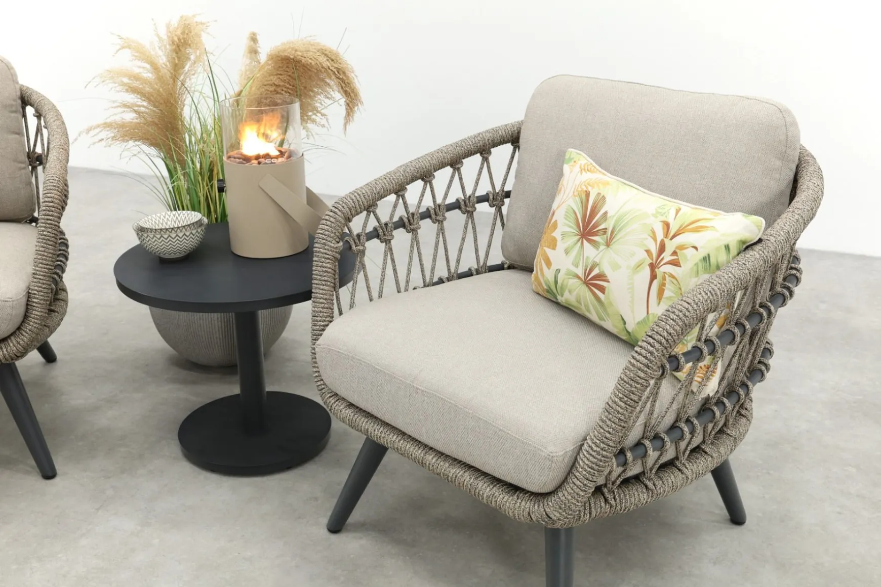 Julia/Canto naturel rope low-dining tuinstoelen set met bijzettafel (3-dlg) - Antraciet