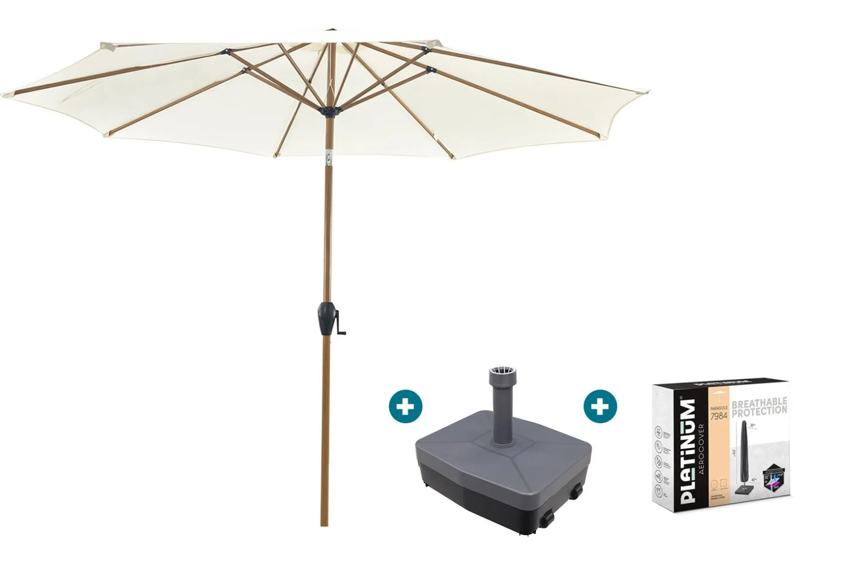 Kayu Stokparasol Ø300 cm. - Ecru/Woodlook met vulbare voet & hoes