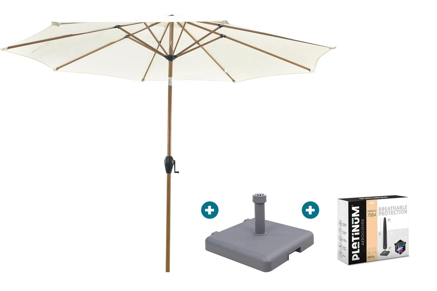 Kayu Stokparasol Ø300 cm. - Ecru/Woodlook met sleepvoet & hoes