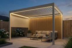 Lamellen Overkapping 4x3 m. Aluminium - Elektrisch Dak & LED Verlichting - Move Deluxe Zand