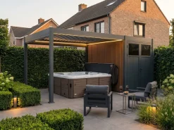 Lamellen Overkapping 4x3 m. Aluminium - Elektrisch Dak & LED Verlichting, incl. berging 3x2 m.- Move Deluxe Antraciet