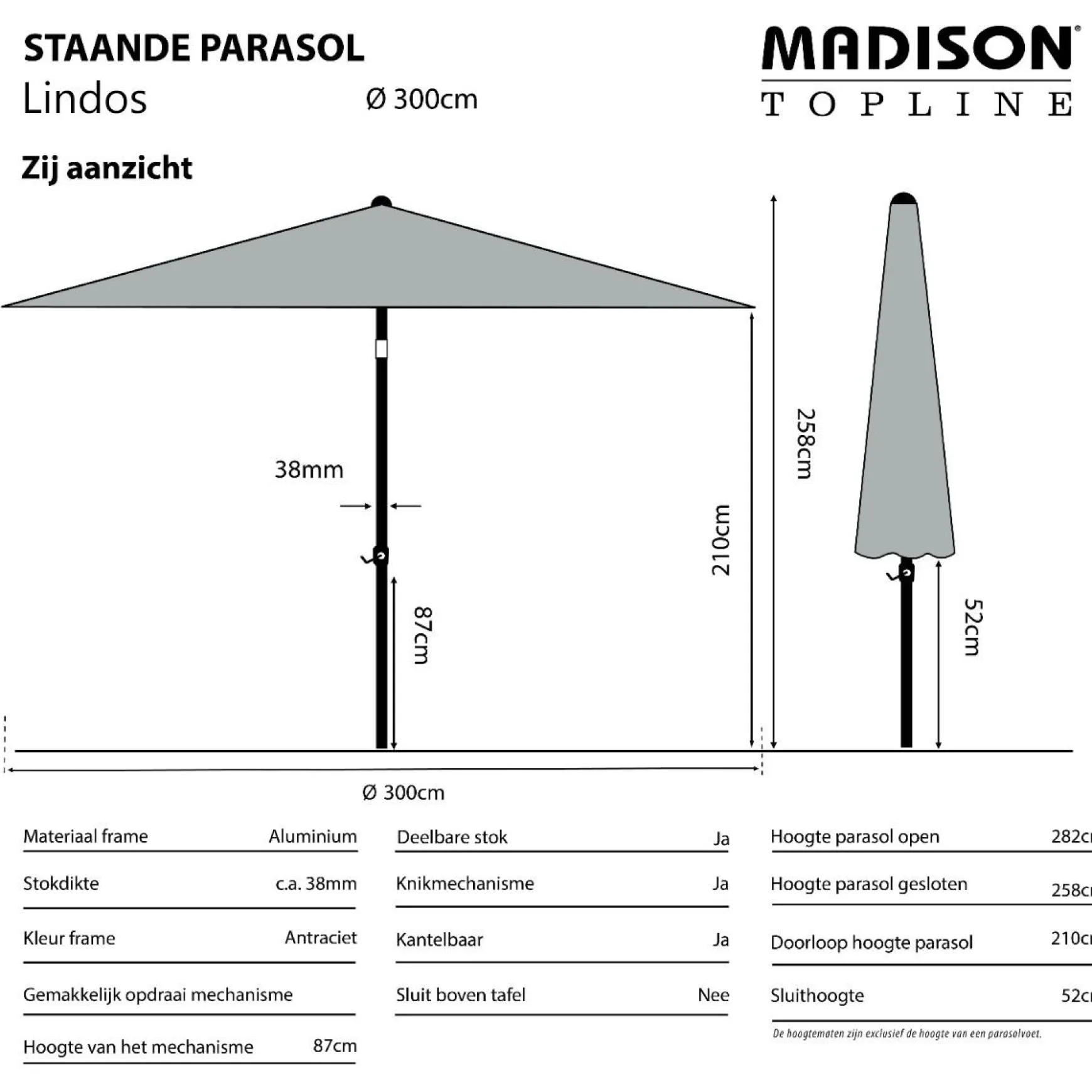 Madison Lindos ronde luxe stokparasol Ø300 cm. - Off-white/Champagne