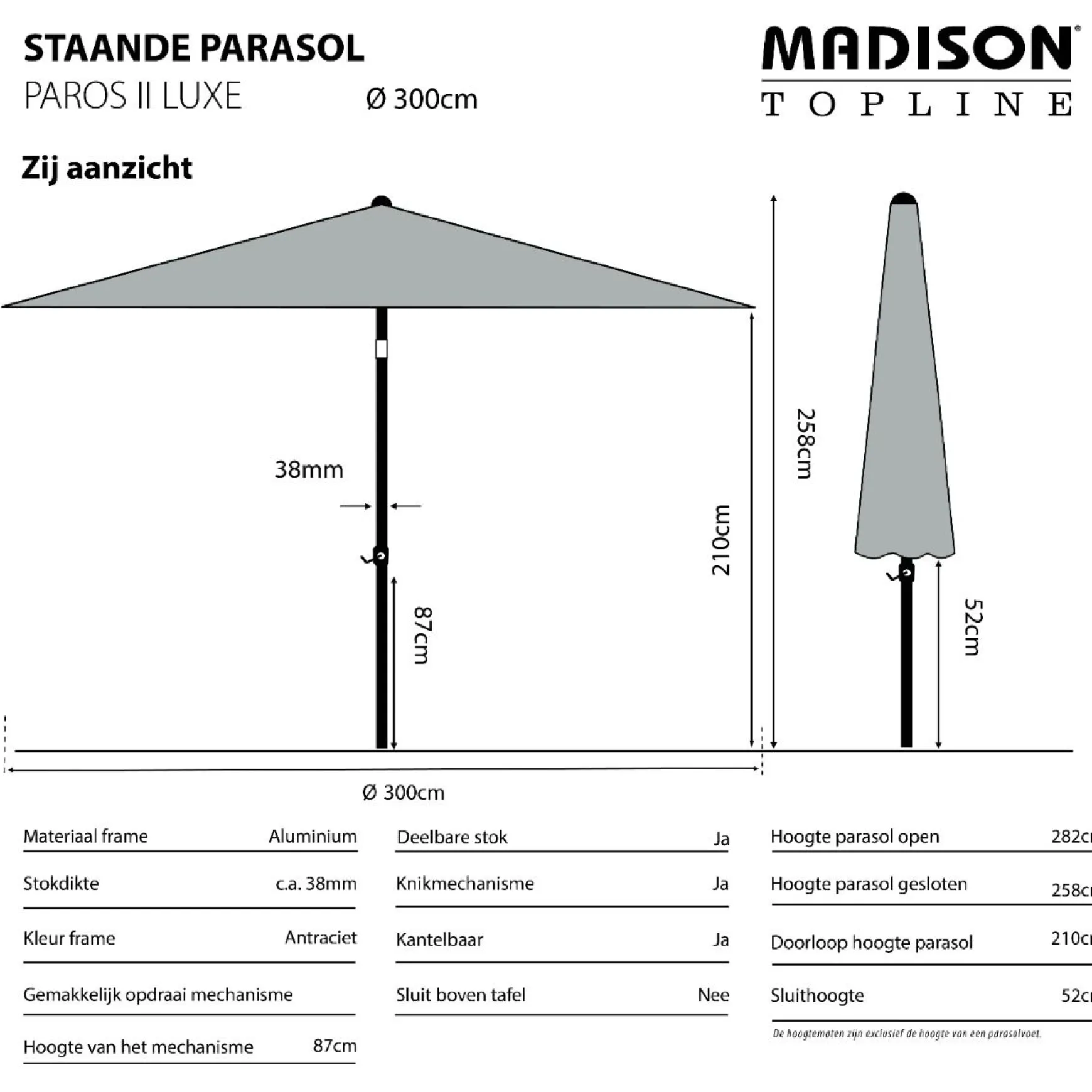 Madison Paros 2 luxe stokparasol - 300 cm. - Ecru