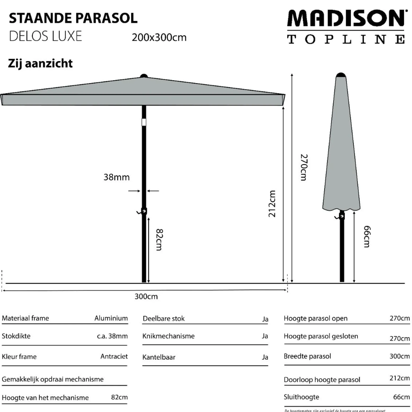 Madison stokparasol Delos luxe Ecru 200x300 cm.