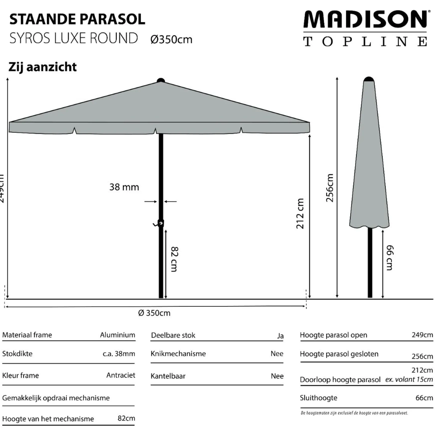 Madison stokparasol Syros luxe grey 350 cm.