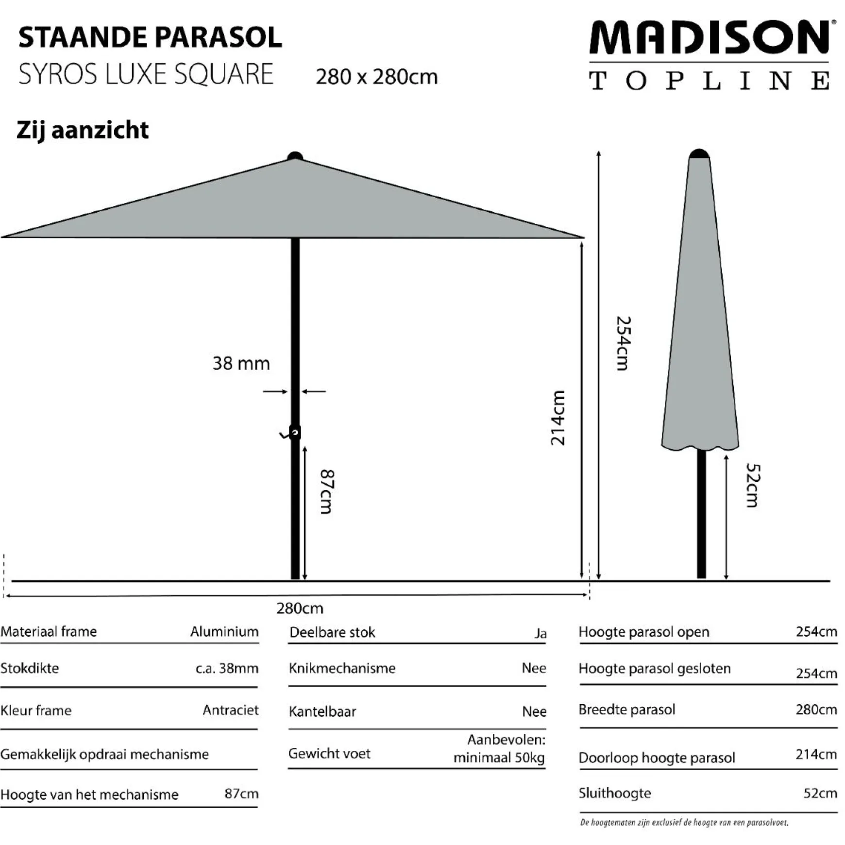 Madison stokparasol Syros luxe grey 280x280 cm.
