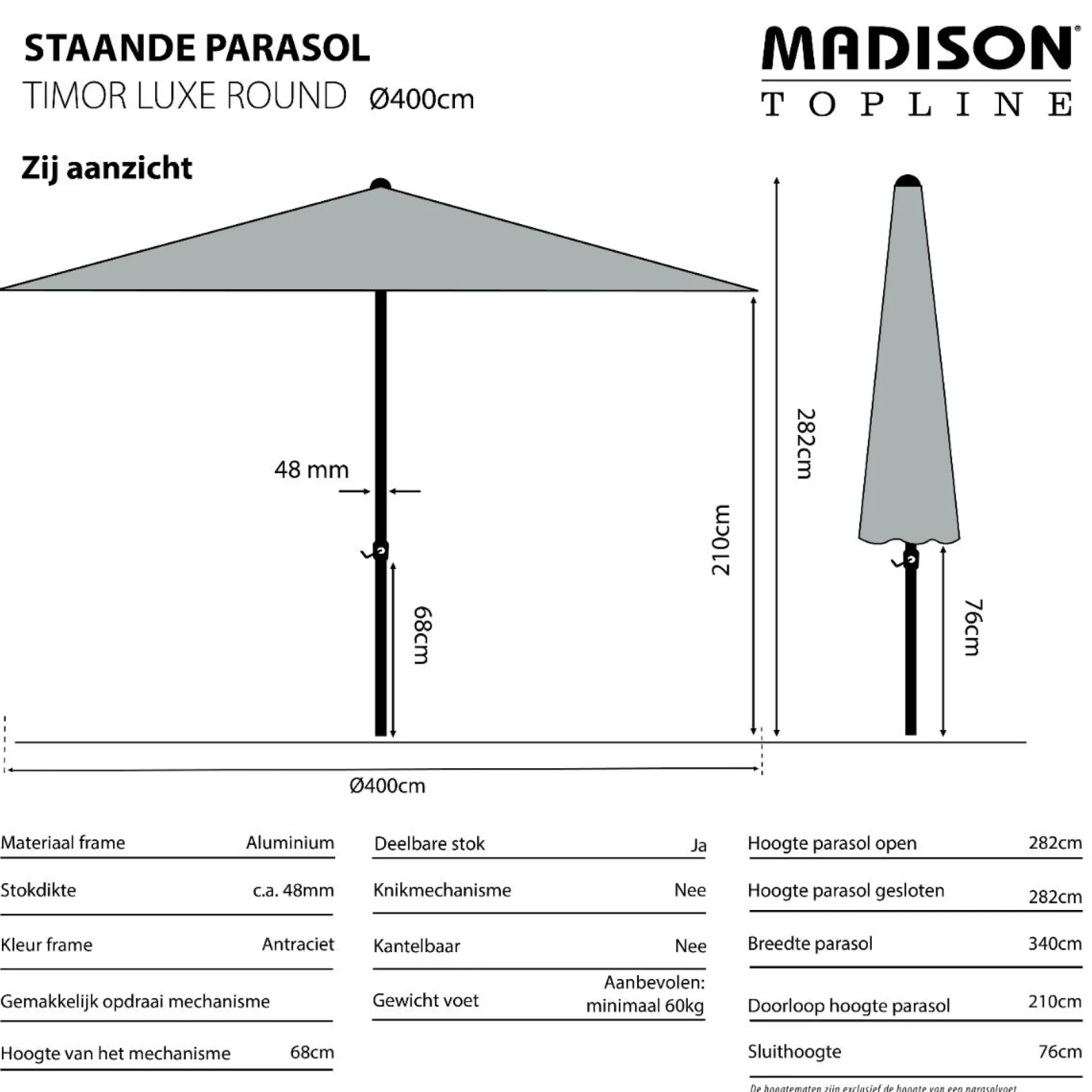 Madison stokparasol timor luxe Taupe 400 cm.