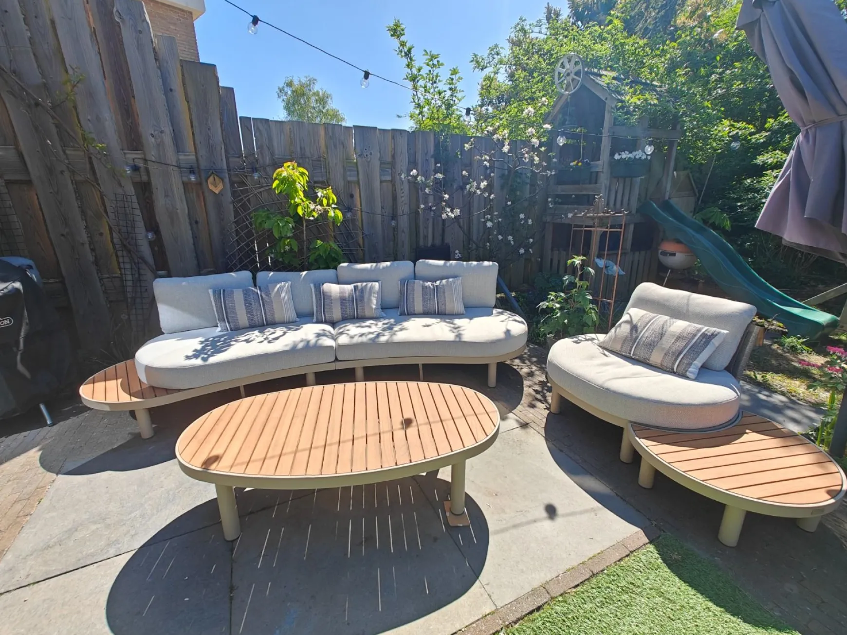 Mira organische platform loungeset + loungestoel - Teak/Latte