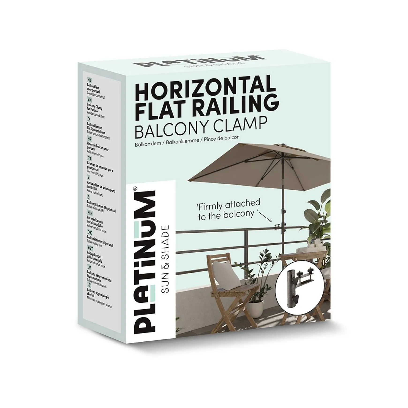 Parasolhouder balkon - vlakke reling horizontaal - Platinum