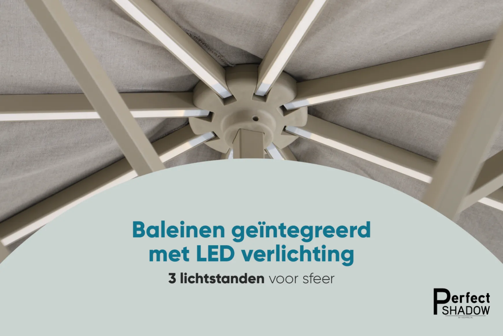 Perfect Shadow Atlas Telescope Stokparasol Pro met LED verlichting 4x4 m. - Latte/Urban Taupe met Madrid voet en beschermhoes
