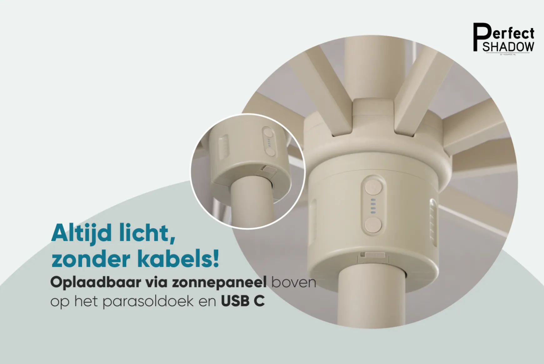 Perfect Shadow Atlas Telescope Stokparasol Pro met LED verlichting 4x4 m. - Latte/Urban Taupe met Madrid voet en beschermhoes