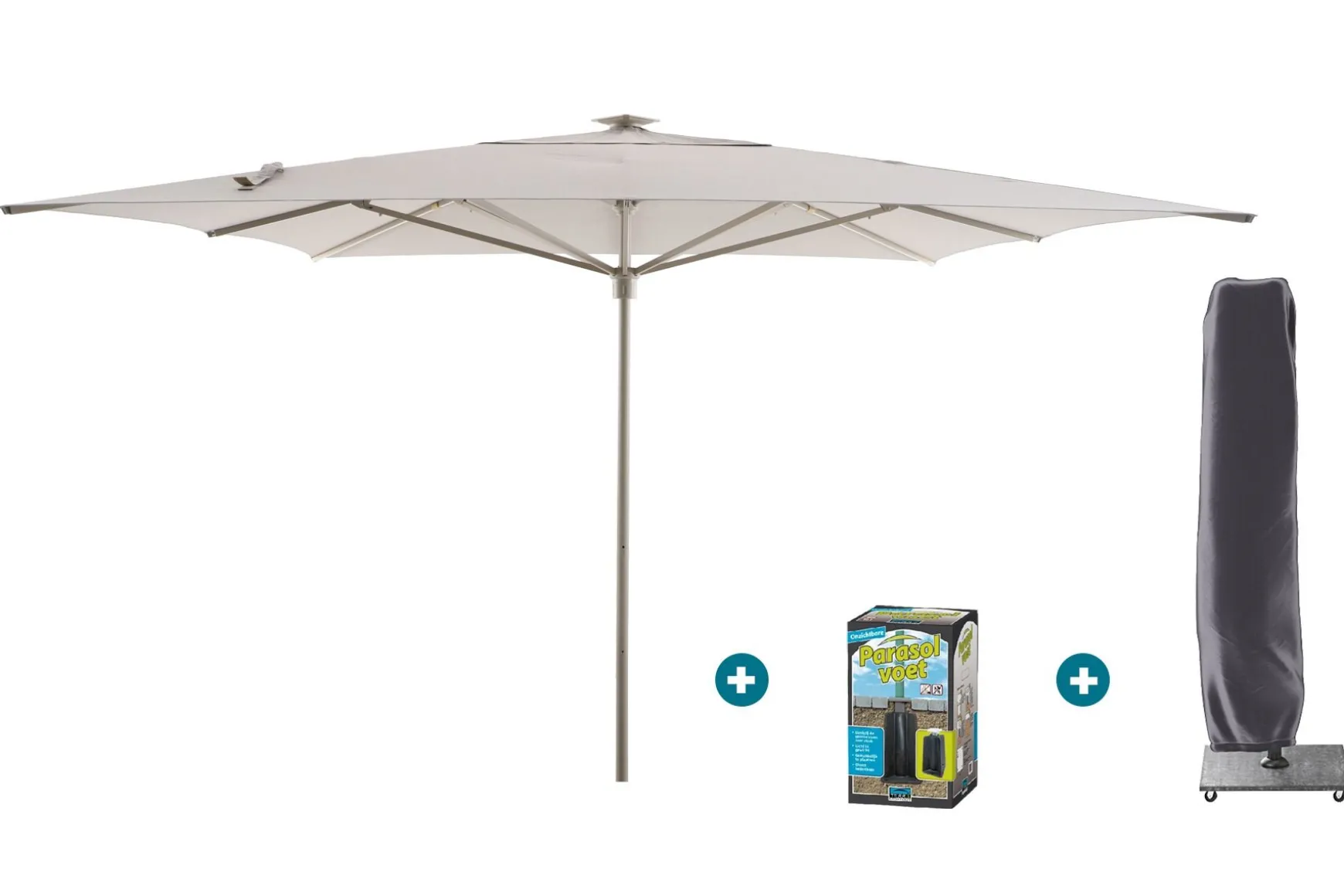 Perfect Shadow Atlas Telescope Stokparasol Pro met LED verlichting 4x4 m. - Latte/Urban Taupe met ingraafvoet en beschermhoes