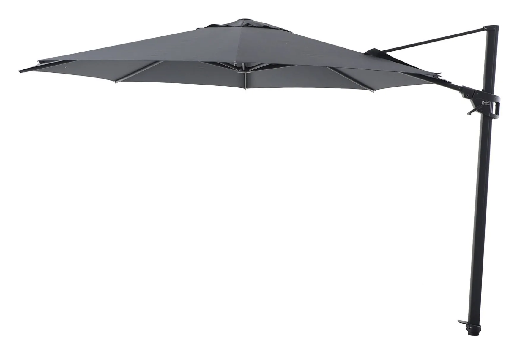 Perfect Shadow Luna ronde zweefparasol Ø350 cm. Flex+ Antraciet met Valencia voet en hoes