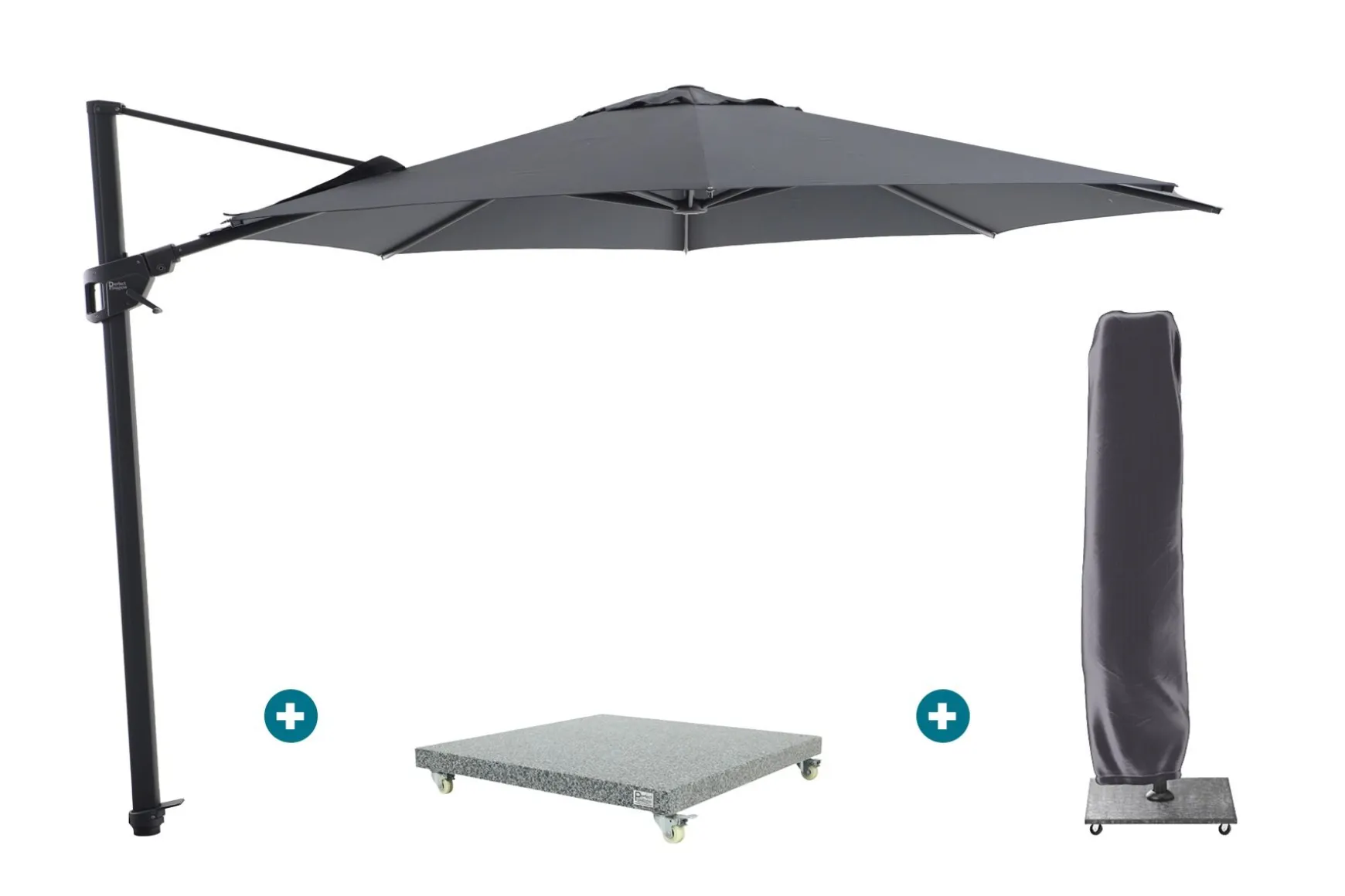 Perfect Shadow Luna ronde zweefparasol Ø350 cm. Flex+ Antraciet met Valencia voet en hoes