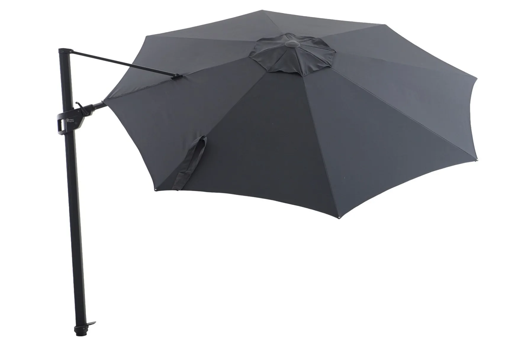 Perfect Shadow Luna ronde zweefparasol Ø350 cm. Flex+ Antraciet met Valencia voet en hoes