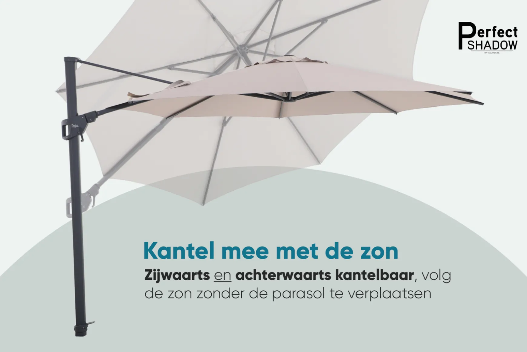 Perfect Shadow Luna ronde zweefparasol Ø350 cm. Flex+ Antraciet met Valencia voet en hoes