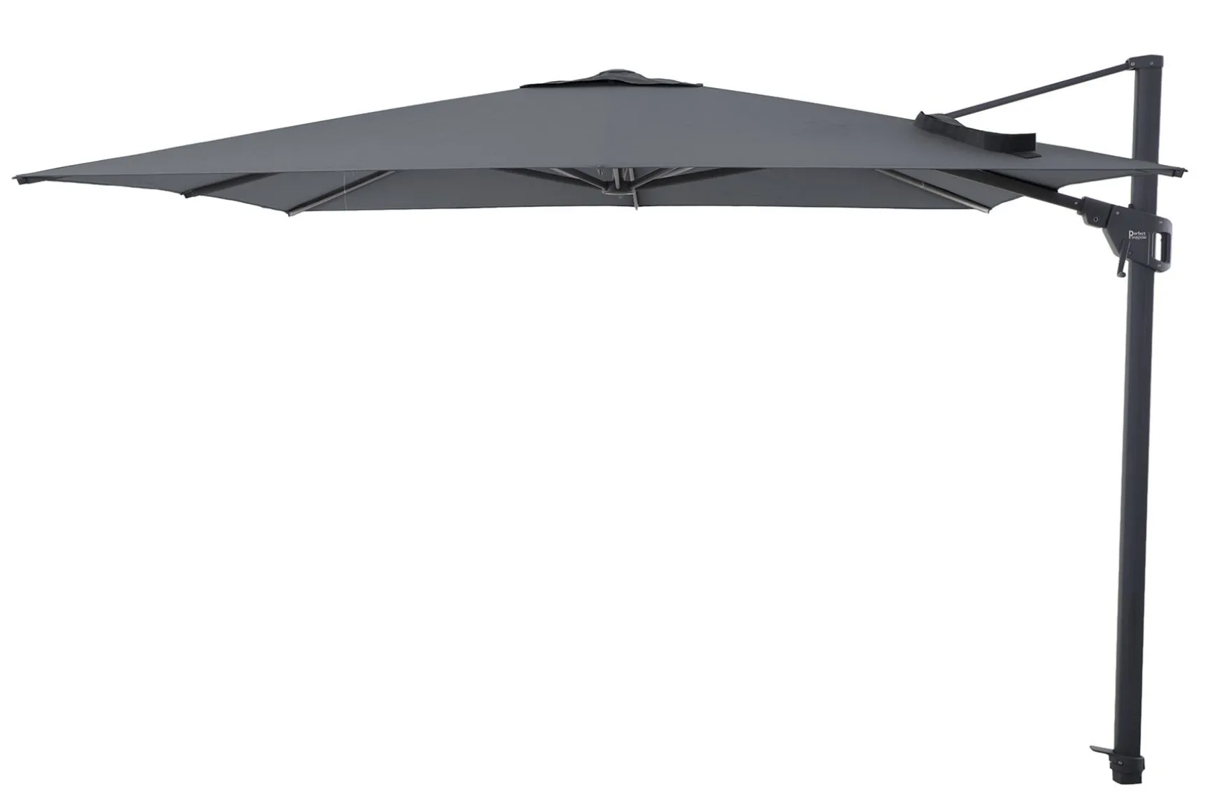 Perfect Shadow Luna zweefparasol 300x300 cm. Flex+ - Antraciet met Valencia voet en hoes