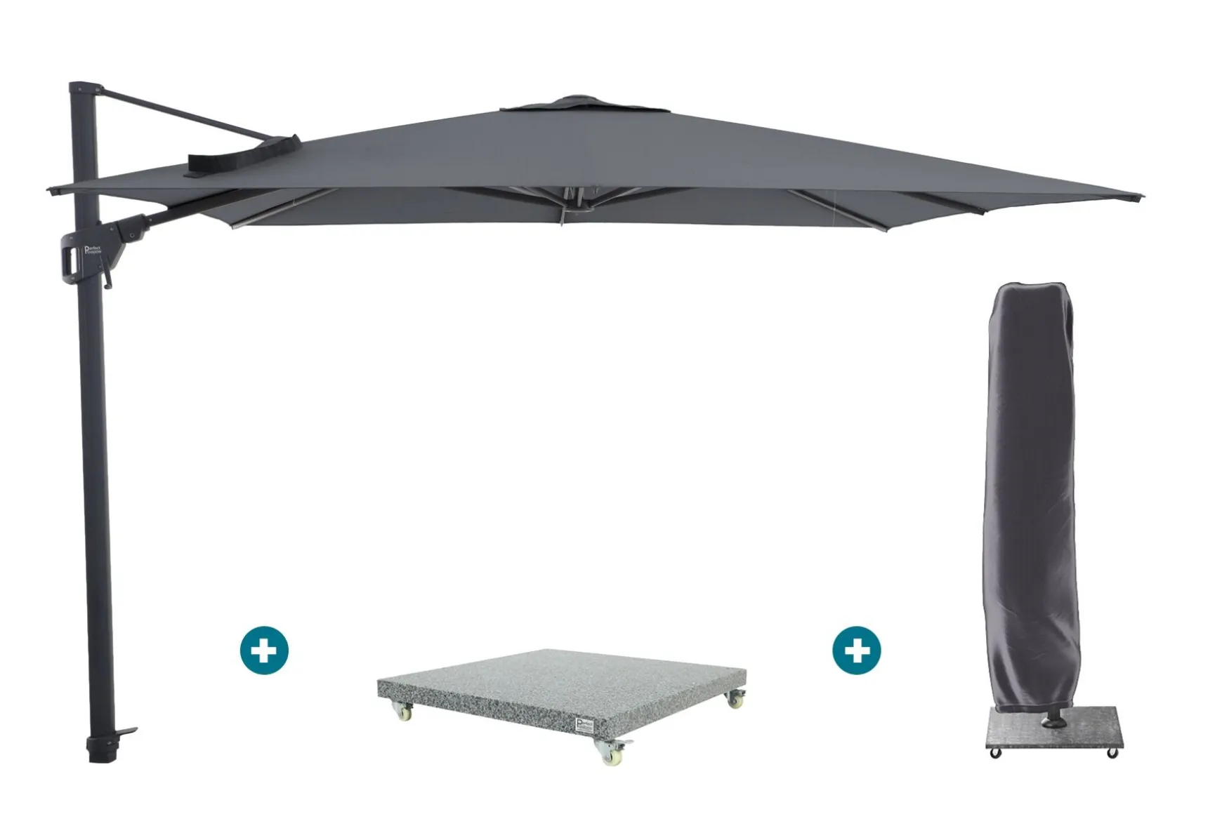 Perfect Shadow Luna zweefparasol 300x300 cm. Flex+ - Antraciet met Valencia voet en hoes