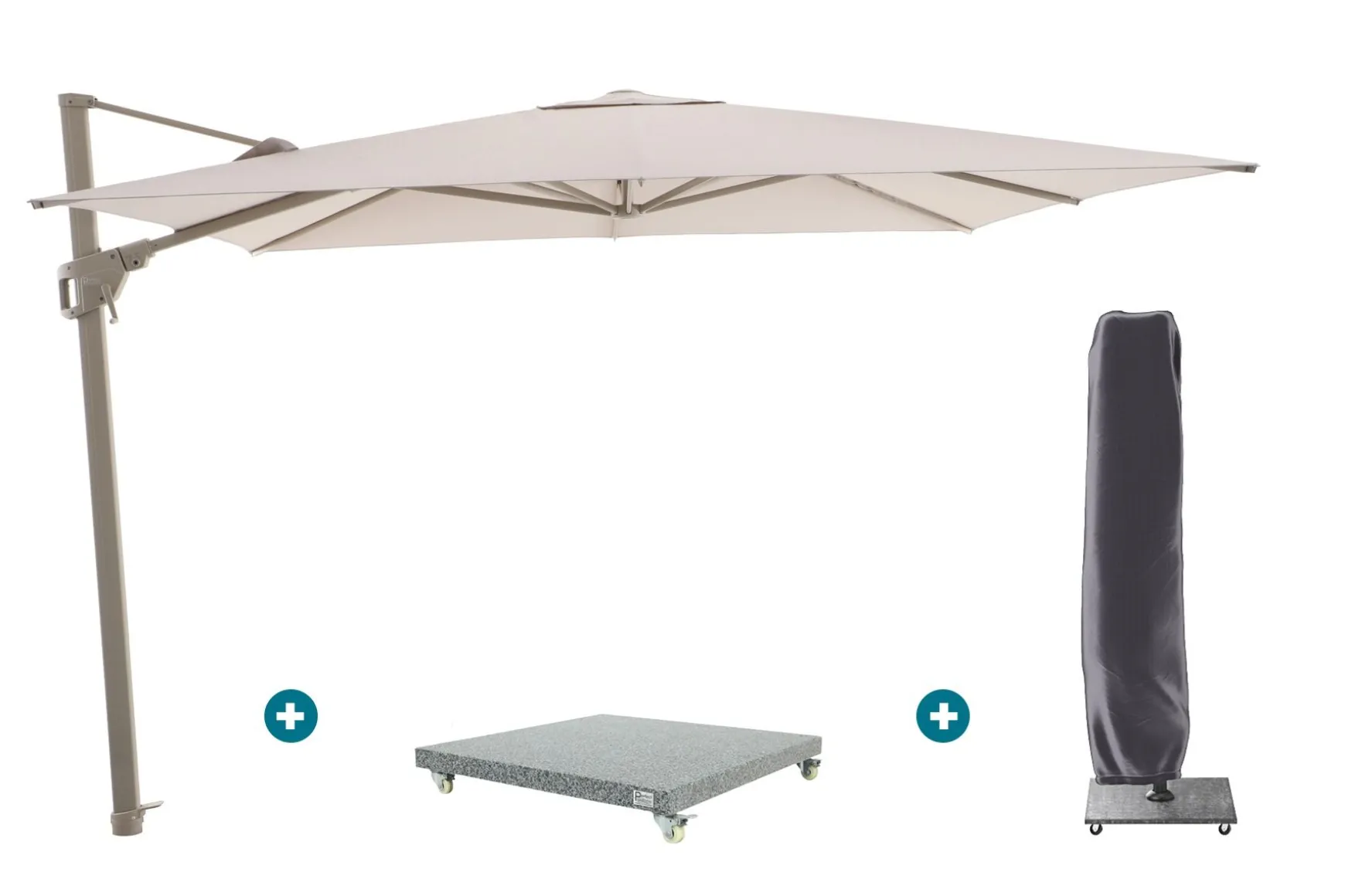 Perfect Shadow Luna zweefparasol 300x300 cm. Flex+ - Latte/Soft Sand met Valencia voet en hoes