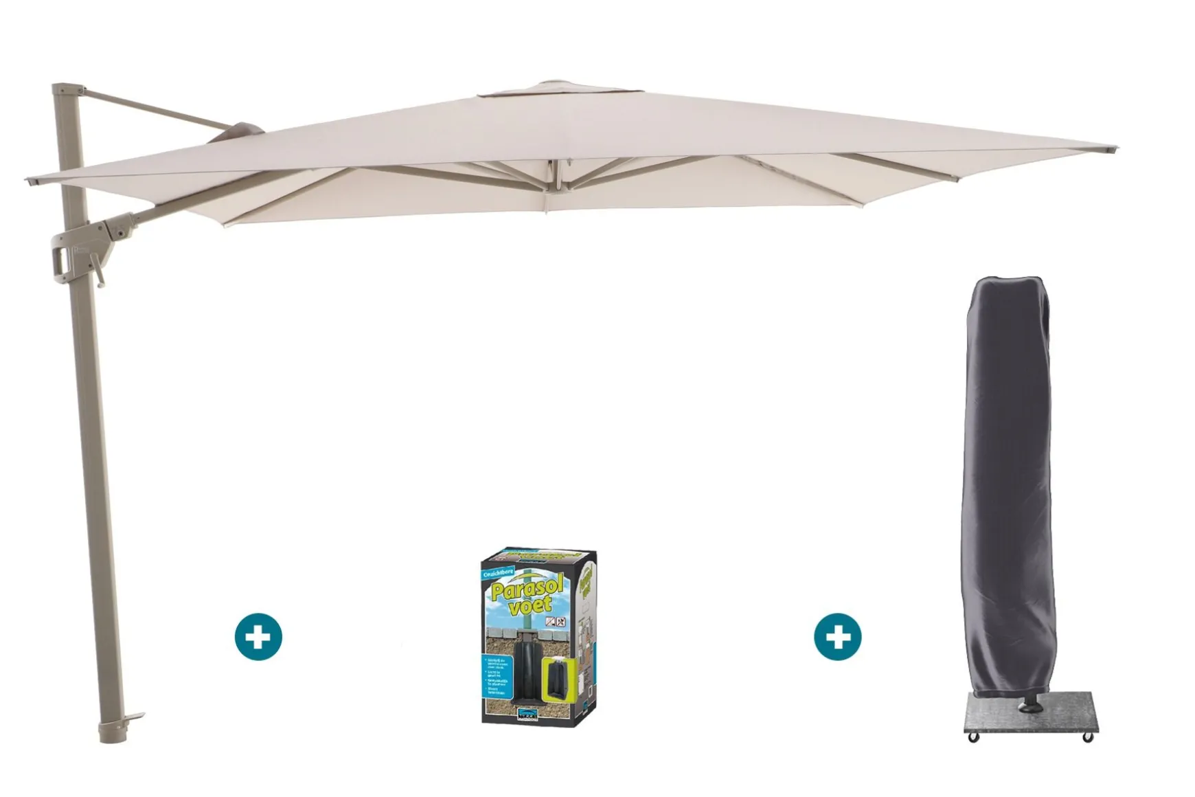 Perfect Shadow Luna zweefparasol 300x300 cm. Flex+ - Latte/Soft Sand met ingraafbare voet en hoes