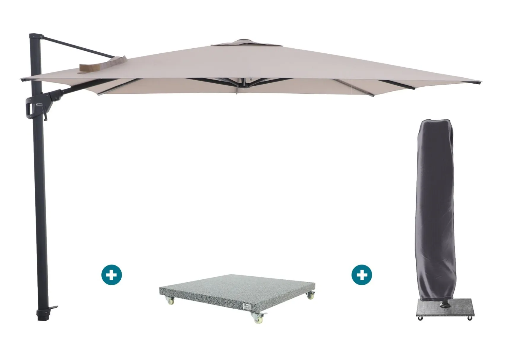 Perfect Shadow Luna zweefparasol 300x300 cm. Flex+ - Antraciet/Urban Taupe met Valencia voet en hoes