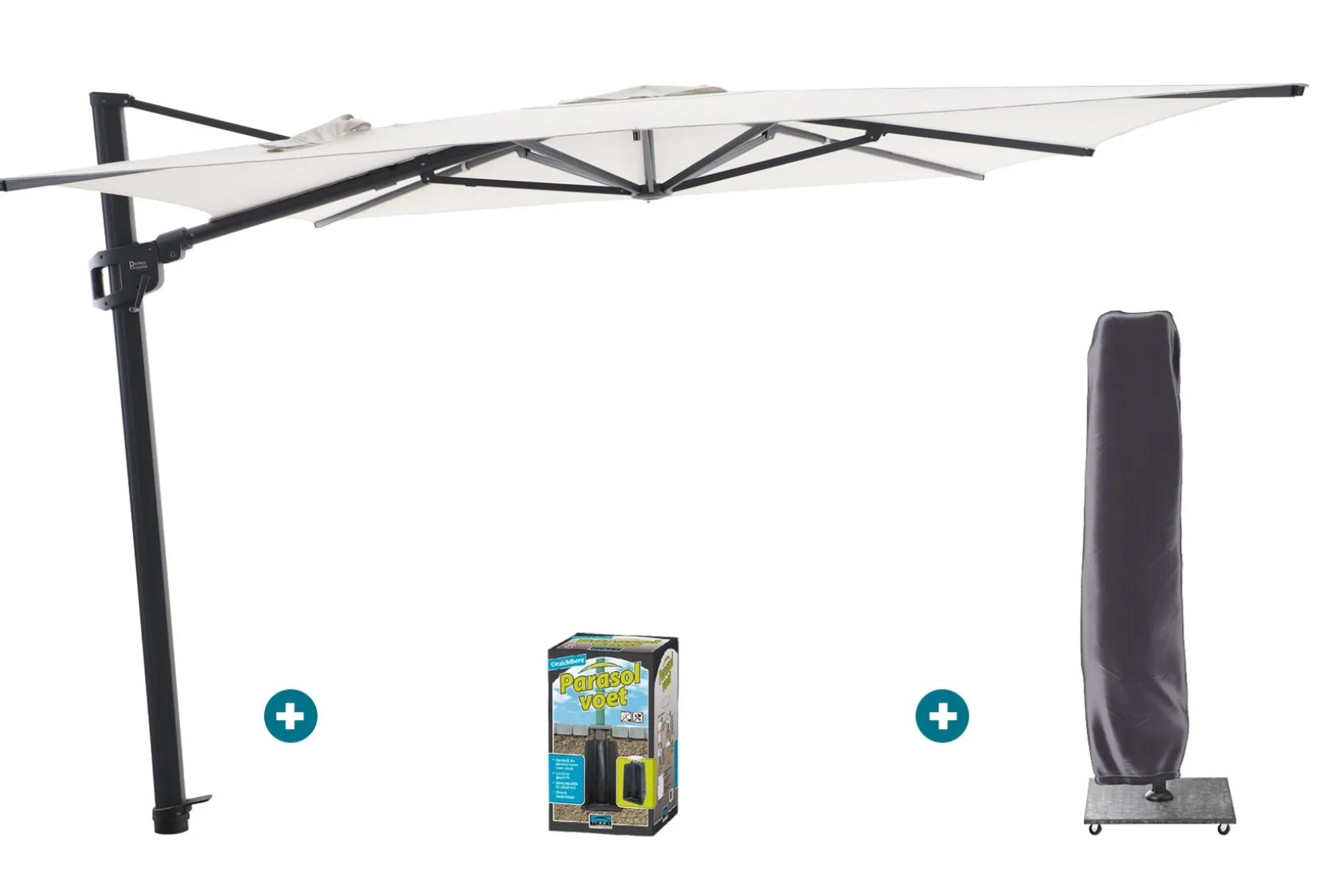 Perfect Shadow Ultra Eclipse Zweefparasol - 4x3m. - Antraciet/Soft Sand met ingraafvoet en hoes