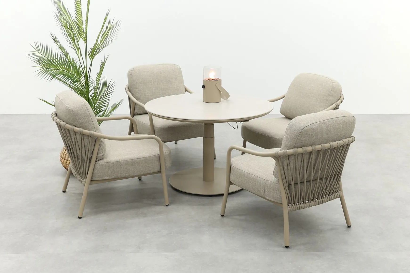 Pisa/Aversa 4-persoons ronde verstelbare low-dining tuinset Ø120 cm. - Latte