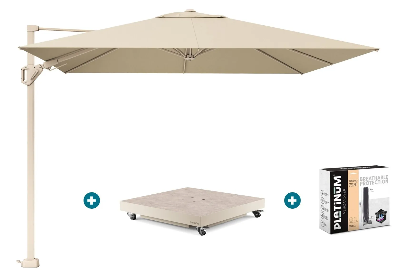 Platinum Challenger parasol Premium T2 3x3 m - Champagne Sandstone - met vulbare parasolvoet en hoes