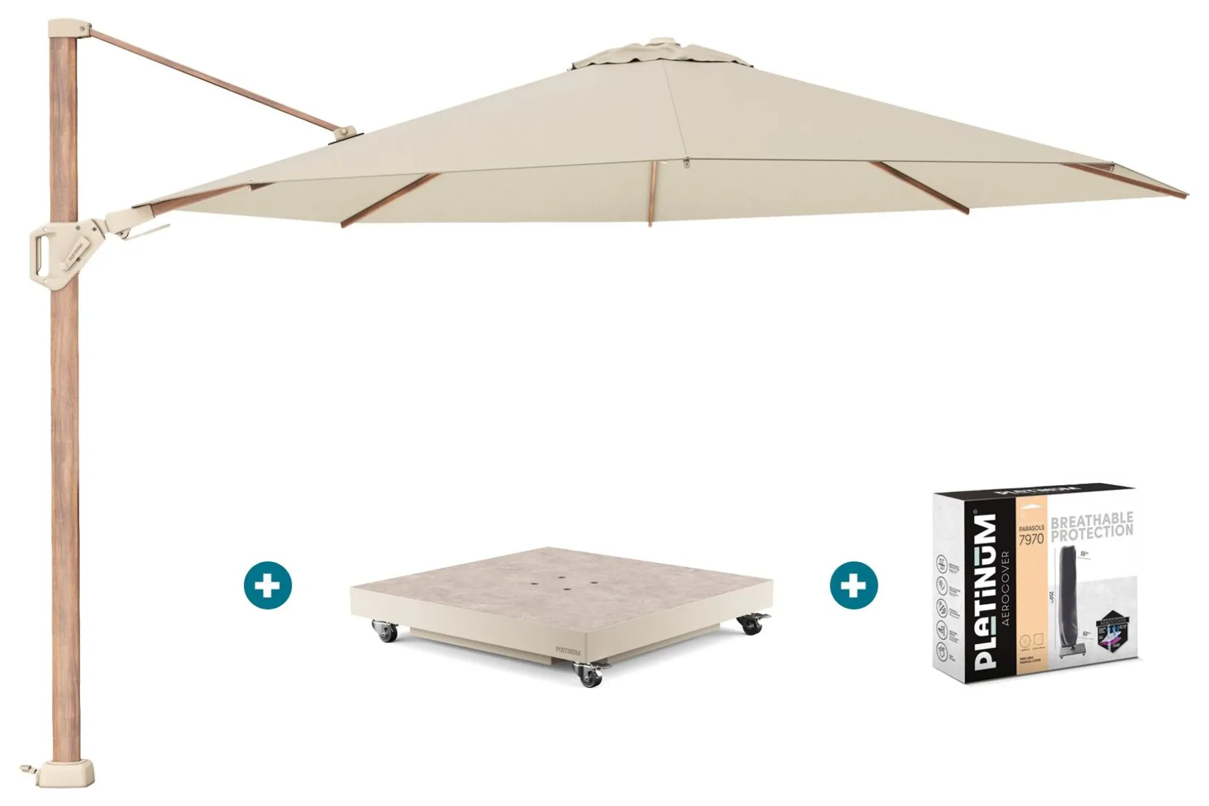Platinum Challenger parasol Premium T2 3.5 - Champagne Teak + vulbare voet + hoes